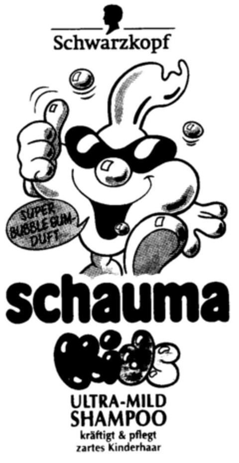 SUPER BUBBLEGUM-DUFT schauma ULTRA-MILD SHAMPOO kräftig & pflegt zartes Kinderhaar Schwarzkopf Logo (DPMA, 03.03.1998)