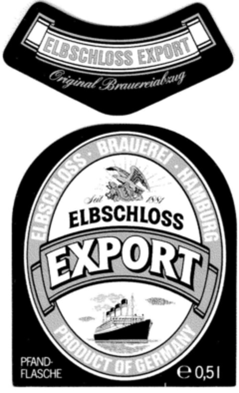 ELBSCHLOSS BRAUEREI HAMBURG ELBSCHLOSS EXPORT PRUDUCT OF GERMANY Logo (DPMA, 05/17/1986)