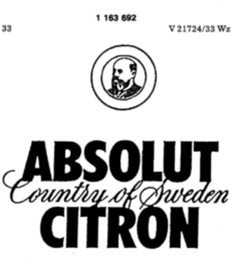 ABSOLUT CITRON Country of Sweden Logo (DPMA, 12.09.1989)