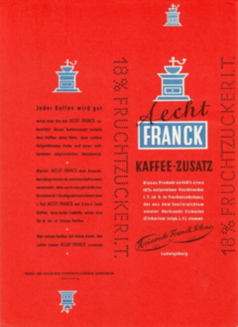 Aecht FRANCK KAFFEE-ZUSATZ 18% FRUCHTZUCKER I.T. Logo (DPMA, 01/12/1950)