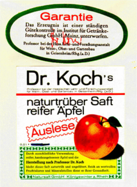 Dr. Koch`s naturtrüber Saft reifer Äpfel Auslese Logo (DPMA, 13.02.1961)