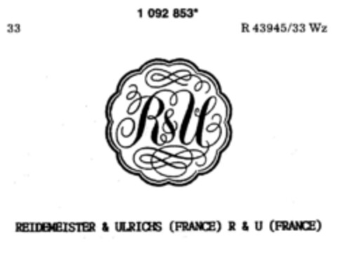 R&U REIDEMEISTER & ULRICHS (FRANCE) R & U (FRANCE) Logo (DPMA, 23.01.1986)