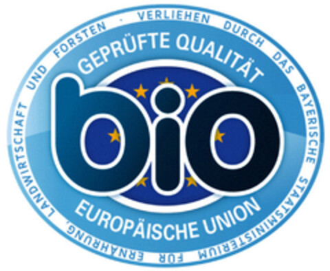 VERLIEHEN DURCH DAS BAYERISCHE STAATSMINISTERIUM FÜR ERNÄHRUNG, LANDWIRSTSCHAFT UND FORSTEN · GEPRÜFTE QUALITÄT EUROPÄISCHE UNION bio Logo (DPMA, 15.06.2020)