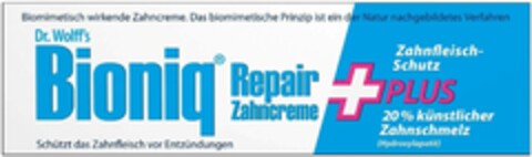 Dr. Wolff´s Bioniq Repair Zahncreme + Zahnfleischschutz PLUS 20 % künstlicher Zahnschmelz [Hydroxylapatit] Logo (DPMA, 07/07/2021)