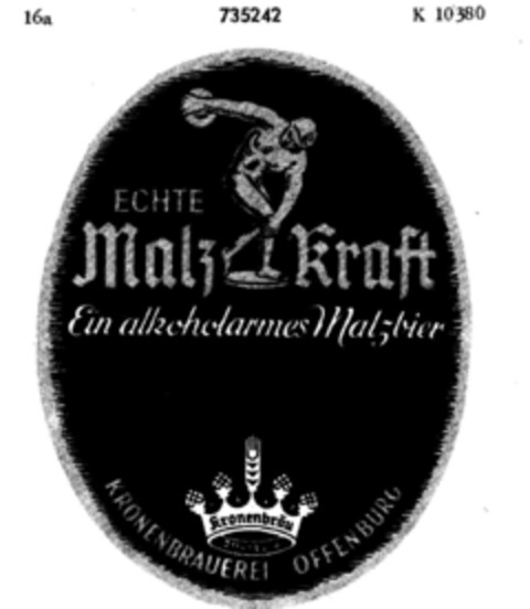 Echte Malzkraft Ein alkoholarmes Malzbier Kronenbrauerei Offenburg Logo (DPMA, 05/31/1955)