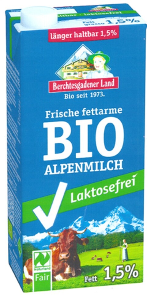 Berchtesgadener Land Frische fettarme BIO ALPENMILCH Laktosefrei Logo (DPMA, 07/31/2013)