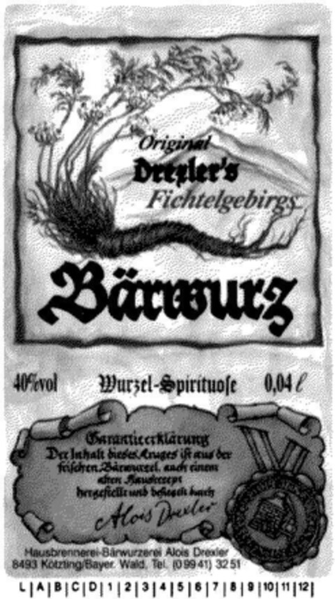 Original Drexler's Fichtelgebirgs Bärwurz Logo (DPMA, 10/02/1992)