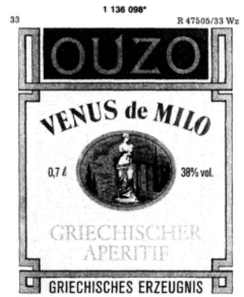 OUZO VENUS de MILO GRIECHISCHER APERITIF Logo (DPMA, 16.12.1988)