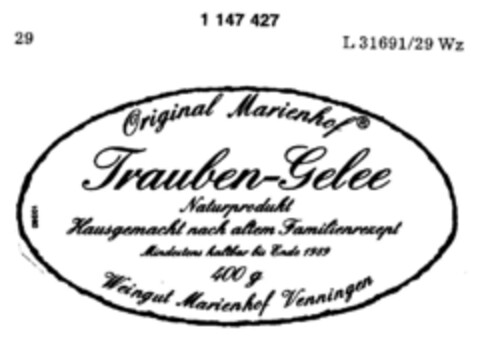 Original Marienhof  Trauben-Gelee Naturprodukt Logo (DPMA, 18.11.1988)