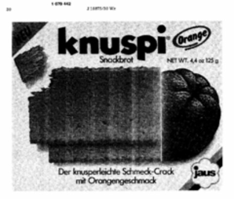 knuspi Snackbrot Der knusperleichte Schmeck-Crack mit Orangengeschmack Logo (DPMA, 01/28/1984)