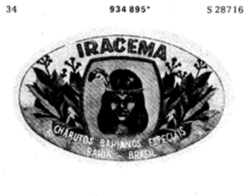 IRACEMA CHARUTOS BAHIANOS ESPECIAIS BAHIA BRASIL Logo (DPMA, 04/01/1975)