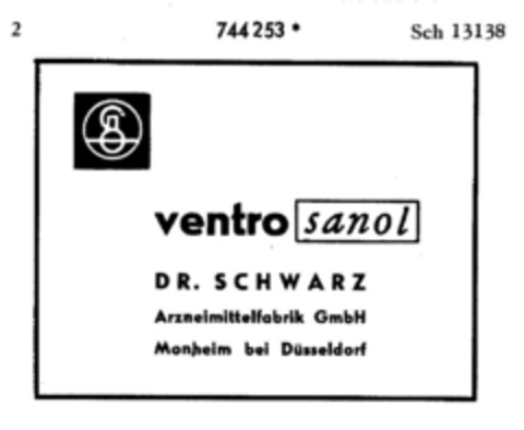 ventro sanol DR. SCHWARZ Logo (DPMA, 04.11.1960)
