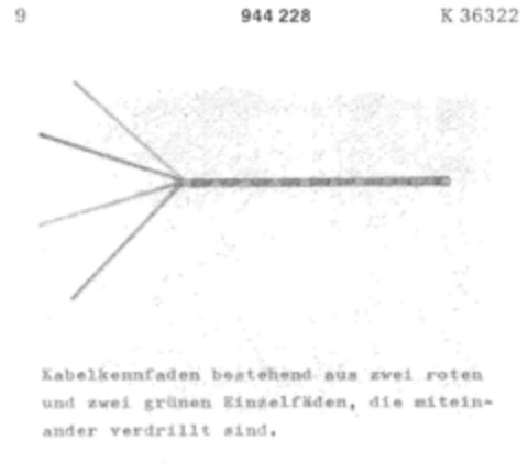 Kabelkennfaden bestehend aus zwei roten und zwei grünen Einzelfäden, die miteinander verdrillt sind. Logo (DPMA, 03/14/1975)