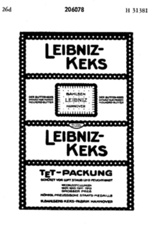 LEIBNIZ KEKS BAHLSEN LEIBNIZ HANNOVER Logo (DPMA, 17.12.1914)