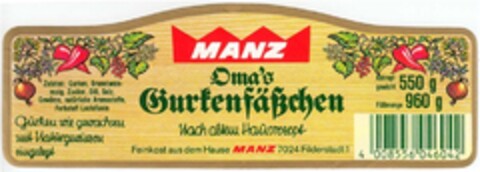 MANZ Oma`s Gurkenfäßchen Nach altem Hausrezept Logo (DPMA, 26.07.1983)