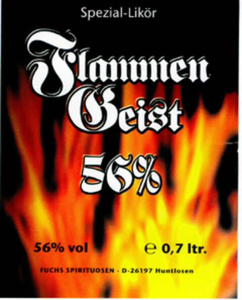 Spezial-Likör Flammen Geist 56% Logo (DPMA, 24.08.1999)