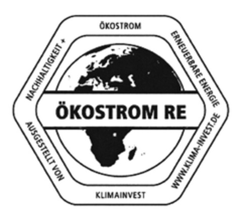 ÖKOSTROM RE ÖKOSTROM NACHHALTIGKEIT AUSGESTELLT VON WWW:KLIMA-INVEST.DE ERNEUERBARE ENERGIE Logo (DPMA, 06/13/2016)