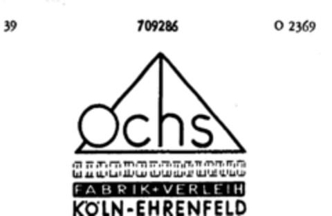 Ochs FABRIK + VERLEIH KÖLN-EHRENFELD Logo (DPMA, 01.09.1956)