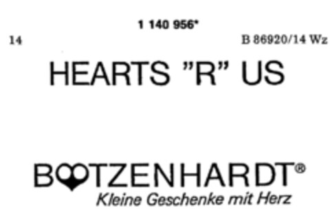 HEARTS "R" US BOTZENHARDT   Kleine Geschenke mit Herz Logo (DPMA, 23.03.1989)