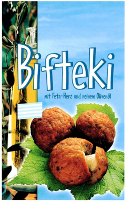 Bifteki mit Feta-Herz und reinem Olivenöl Logo (DPMA, 12/09/2003)