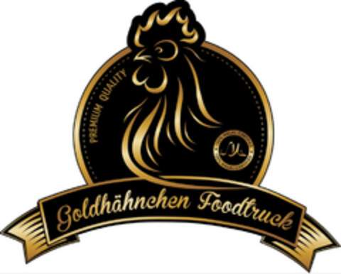 PREMIUM QUALITY 100% HALAL CERTIFIED Goldhähnchen Foodtruck Logo (DPMA, 13.05.2025)