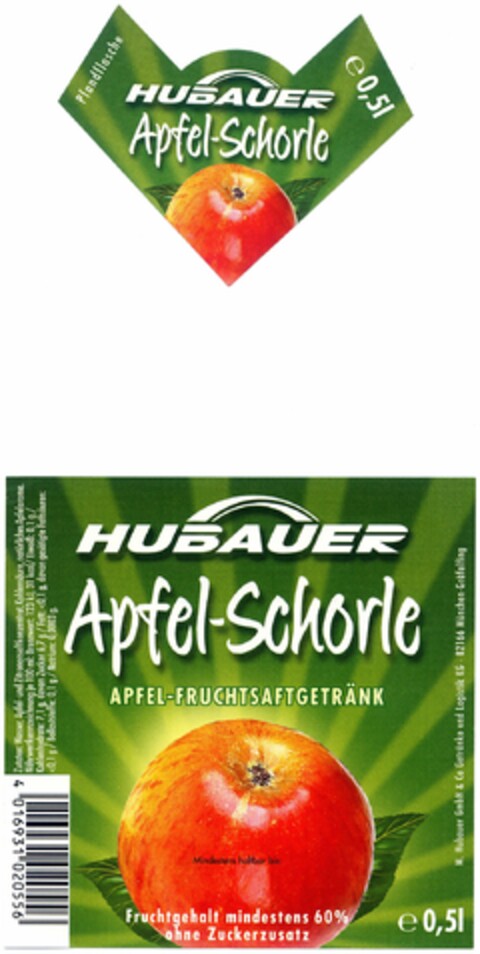 HUBAUER Apfel-Schorle APFEL-FRUCHTSAFTGETRÄNK Logo (DPMA, 07.10.2005)