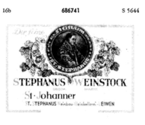 Der feine STEPHANUS WEINSTOCK St. Johanner Logo (DPMA, 15.12.1954)