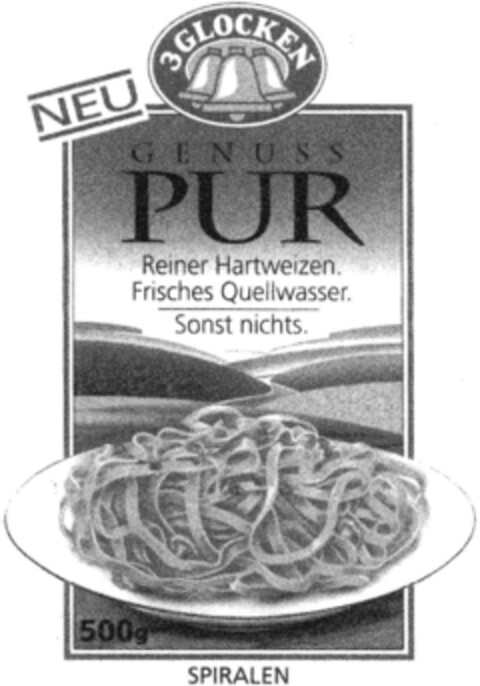 3 GLOCKEN  GENUSS PUR Reiner Hartweizen Frisches Quellwasser Logo (DPMA, 12/16/1993)