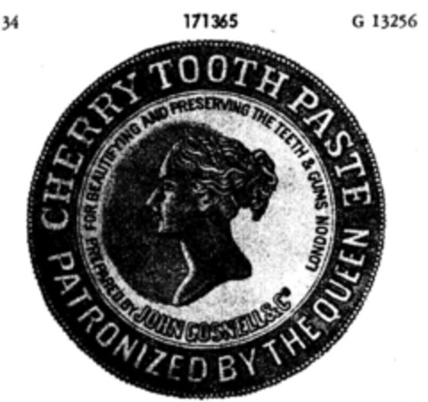 CHERRY TOOTH PASTE PATRONIZED BY THE QUEEN Logo (DPMA, 04/13/1912)