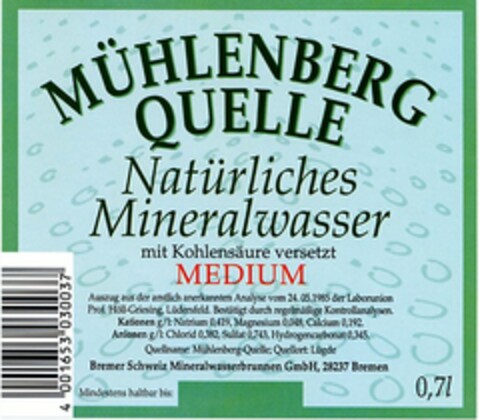 MÜHLENBERG QUELLE Natürliches Mineralwasser MEDIUM Logo (DPMA, 03.12.2003)