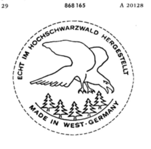 ECHT IM HOCHSCHWARZWALD HERGESTELLT MADE IN WEST GERMANY Logo (DPMA, 19.03.1969)