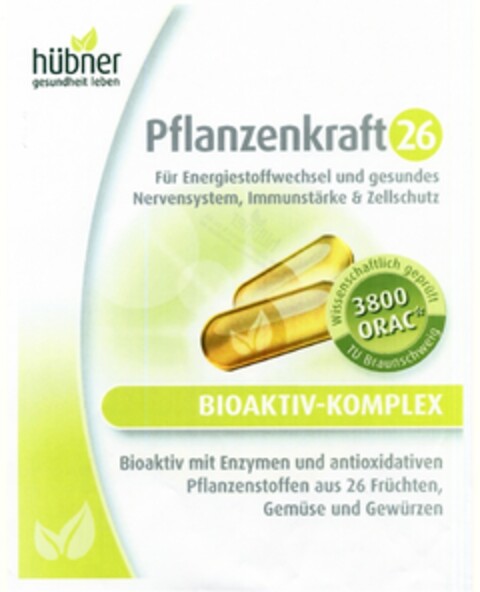 hübner gesundheit leben Pflanzenkraft 26 Für Energiestoffwechsel und gesundes Nervensystem, Immunstärke & Zellschutz Logo (DPMA, 15.01.2010)