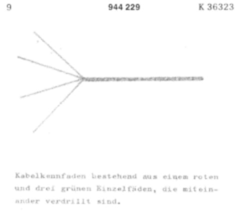 Kabelkennfaden bestehend aus einem roten und drei grünen Einzelfäden, die miteinander verdrillt sind. Logo (DPMA, 14.03.1975)