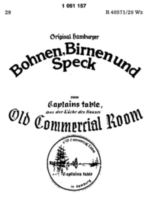 Bohnen,Birnen und Speck vom Captains table aus der Küche des Hauses Old Commercial Room Logo (DPMA, 01.12.1982)