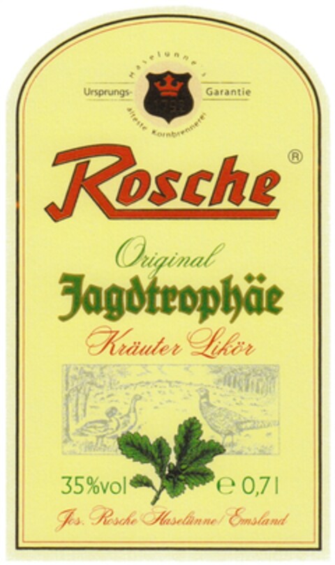 Rosche Original Jagdtrophäe Kräuter Likör Logo (DPMA, 30.05.2012)