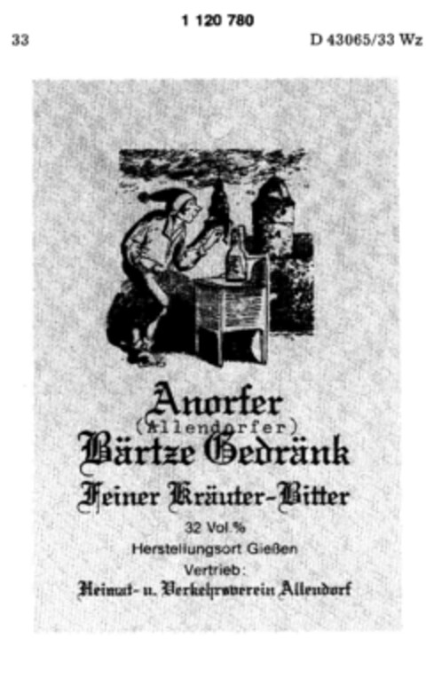 Anorfer Bärtze Gedränk Feiner Kräuter-Ritter Logo (DPMA, 26.02.1987)