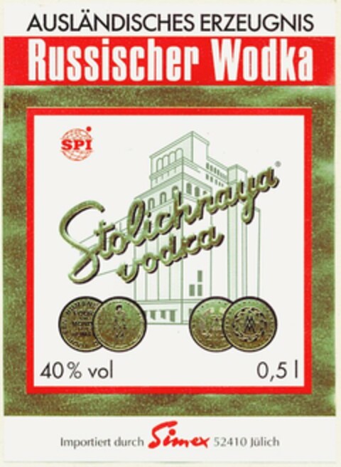 Russischer Wodka Stolichnaya vodka Logo (DPMA, 13.11.2003)