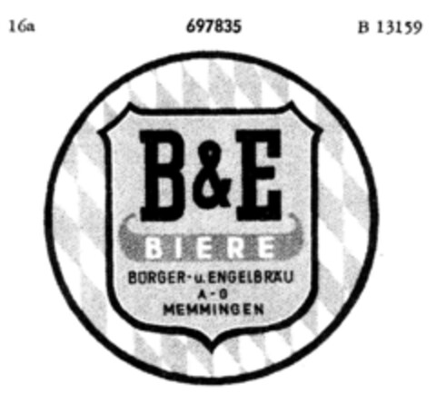 B & E BIERE BÜRGER- u. ENGELBRÄU A-G MEMMINGEN Logo (DPMA, 05.12.1955)