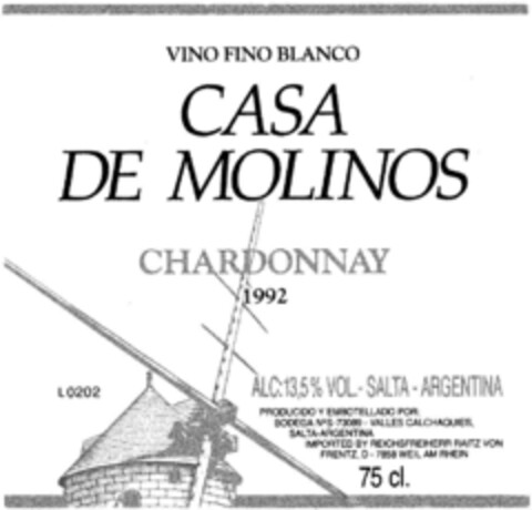 CASA DE MOLINOS CHARDONNAY 1992 Logo (DPMA, 11.03.1993)