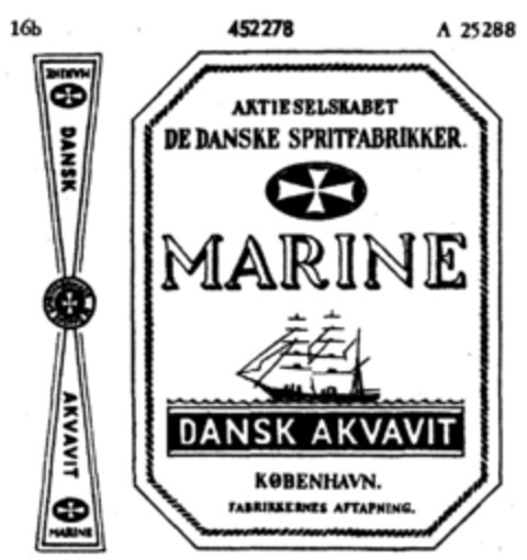 AKTIESELSKABET DE DANSKE SPRITFABRIKKER. MARINE DANSK AKVAVIT Logo (DPMA, 05.11.1932)