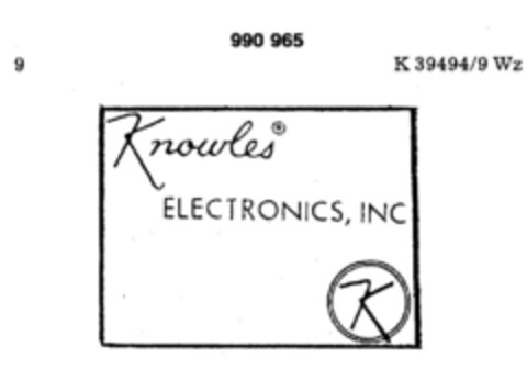 Knowles ELECTRONICS, INC Logo (DPMA, 05/19/1978)