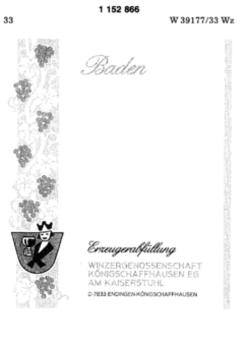 Baden WINZERGENOSSENSCHAFT KÖNIGSCHAFFHAUSEN EG AM KAISERSTUHL Logo (DPMA, 24.04.1989)