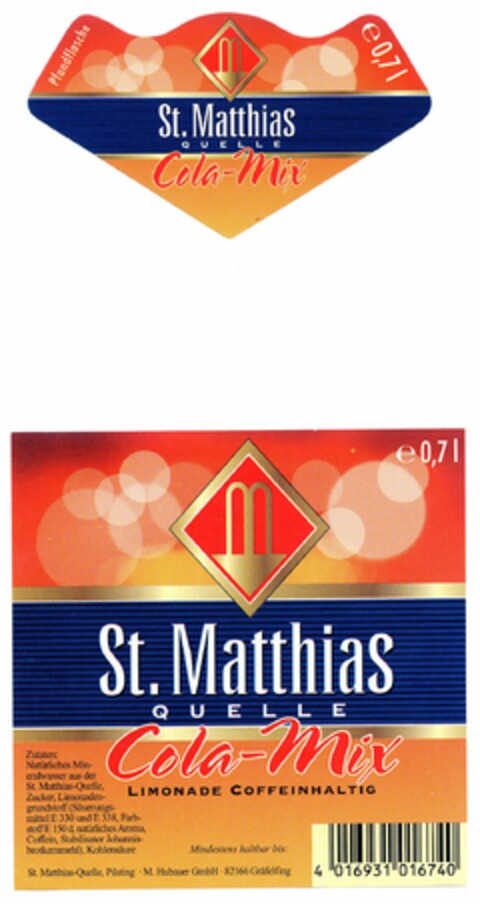 M St. Matthias QUELLE Cola-Mix LIMONADE COFFEINHALTIG Logo (DPMA, 07.10.2005)