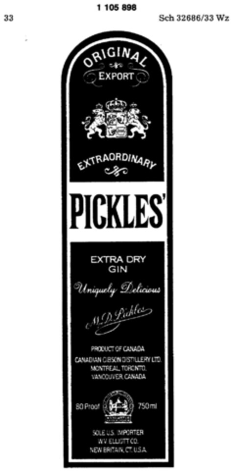PICKLES` EXTRA DRY GIN ORIGINAL EXPORT Logo (DPMA, 03.06.1986)