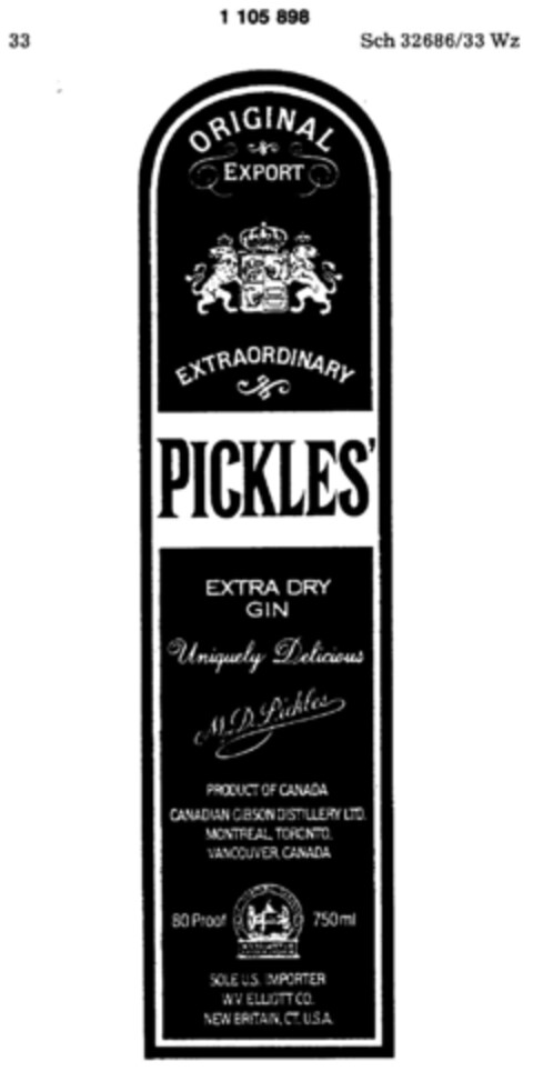 PICKLES` EXTRA DRY GIN ORIGINAL EXPORT Logo (DPMA, 06/03/1986)