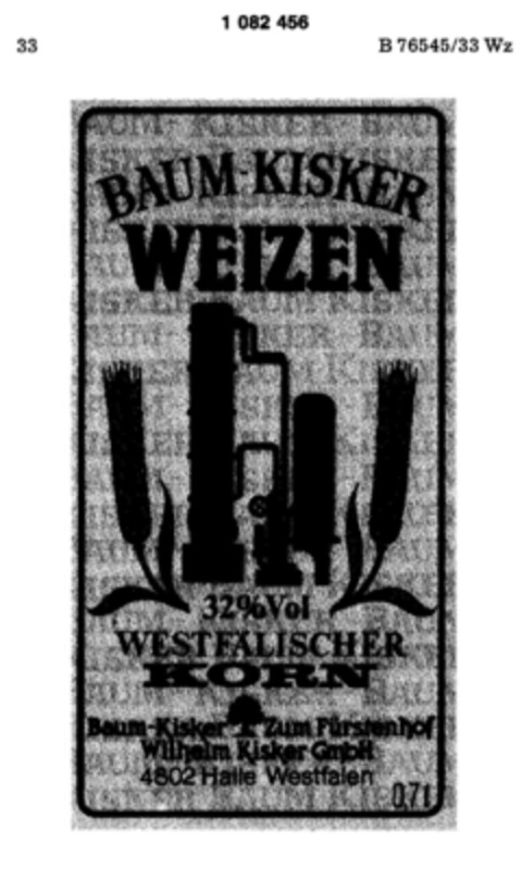BAUM-KISKER WEIZEN WESTFÄLISCHER KORN Logo (DPMA, 13.03.1985)