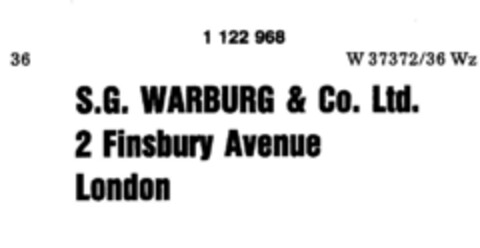 S.G.WARBURG & Co. Ltd. 2 Finsbury Avenue London Logo (DPMA, 14.08.1987)