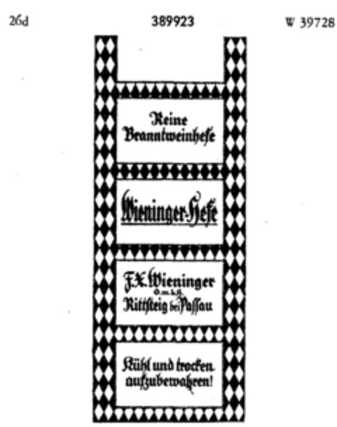 Wieninger-Hefe F. X. Wieninger Logo (DPMA, 13.04.1928)