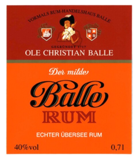 VORMALS RUM-HANDELSHAUS BALLE OLE CHRISTIAN BALLE Der milde BALLE RUM ECHTER ÜBERSEE RUM 40%vol 0,7l Logo (DPMA, 12.11.2015)