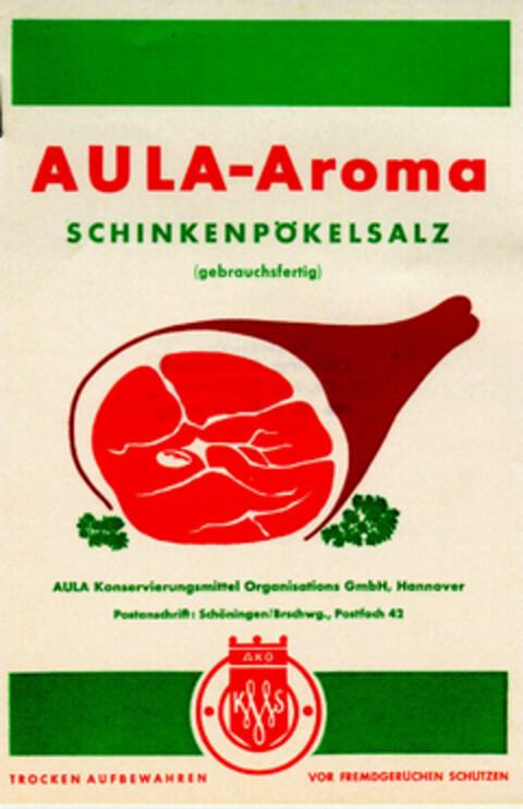 AULA-Aroma SCHINKENPÖKELSALZ Logo (DPMA, 13.09.1960)